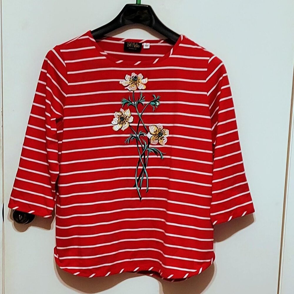 Bon Mackie Red & White Stripe Woman's Top Long Sleeve SZ L Floral Embroidered